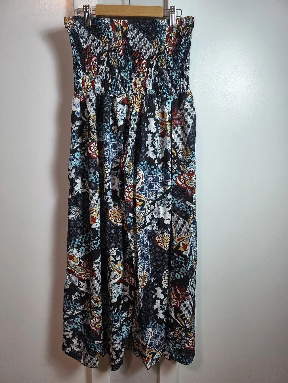 Boho Mixed Patchwork Print Smocked Wide-Leg Palazzo Pants / Strapless Jumpsuit